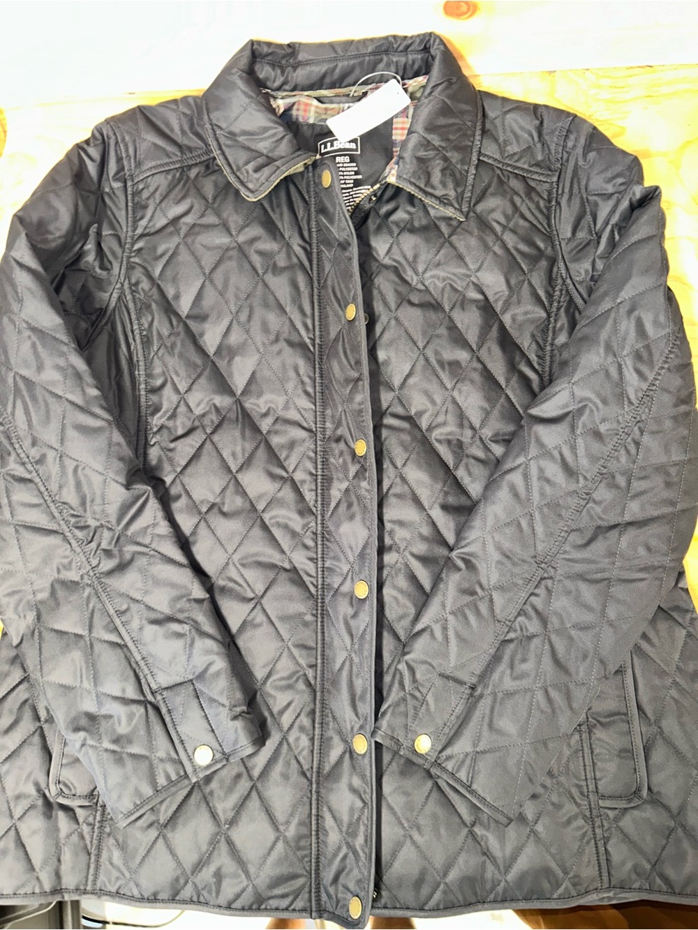 LL Bean Quilted Riding Jacket Women's Large Regular Plaid Lining Snap Closure